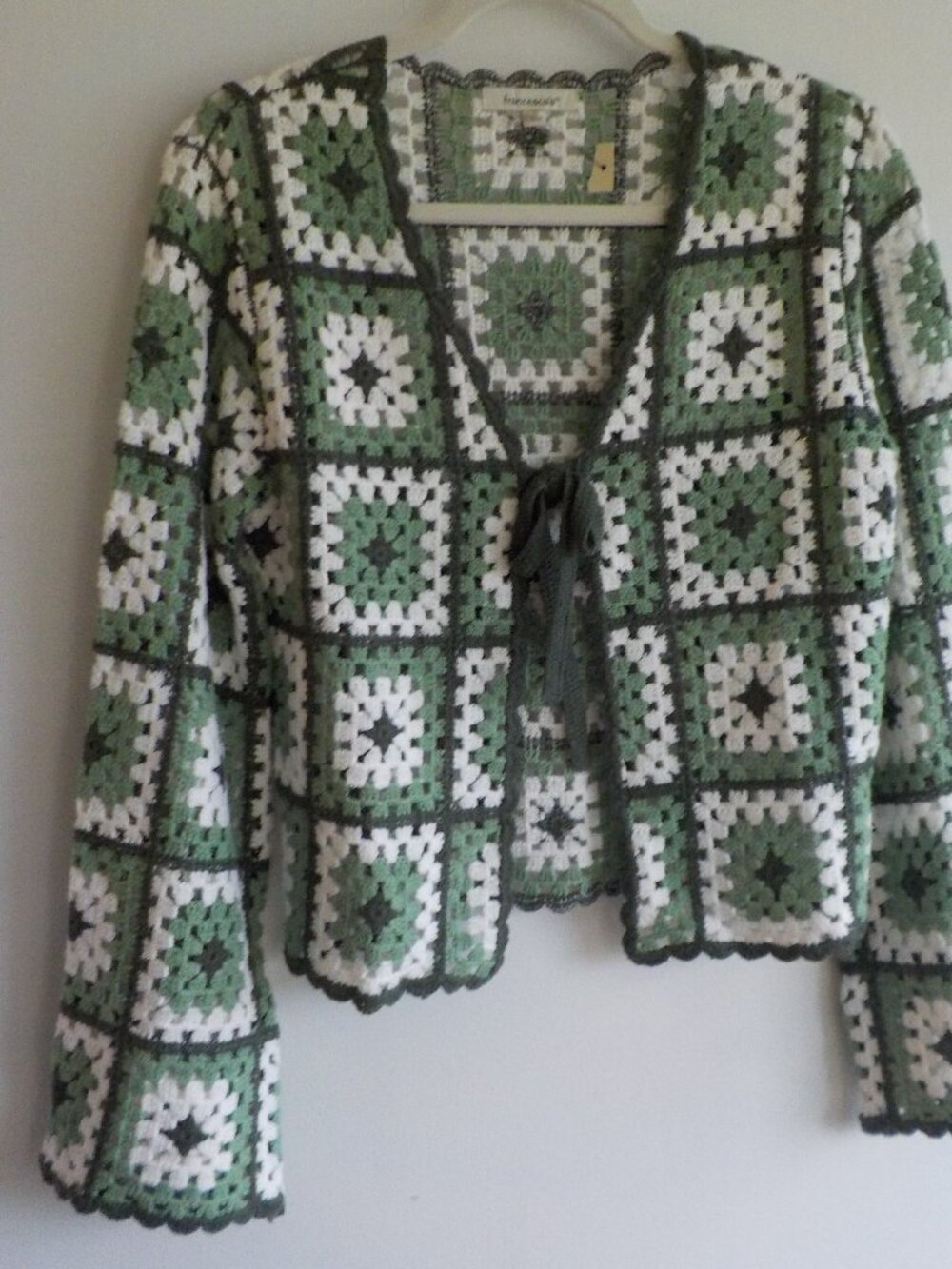 francesca's Sweater - Small - COTTON green white crochet Long Sleeve (2507)